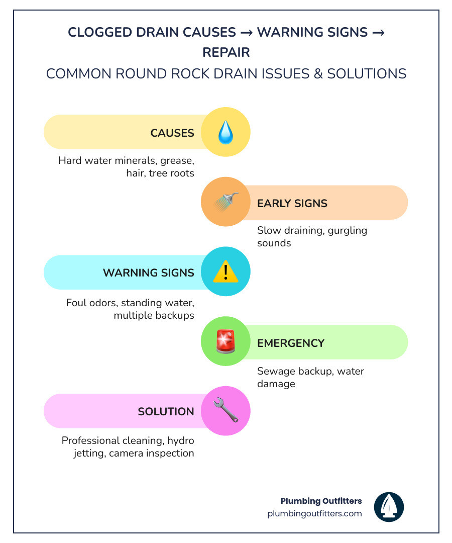 Infographic showing common clogged drain causes, warning signs, and repair methods for Round Rock TX homeowners - clogged Clogged drain causes and solutions infographic highlighting hard water minerals, early signs like slow draining, warning signs such as foul odors, and emergency situations like sewage backup, emphasizing professional cleaning and hydro jetting as solutions.