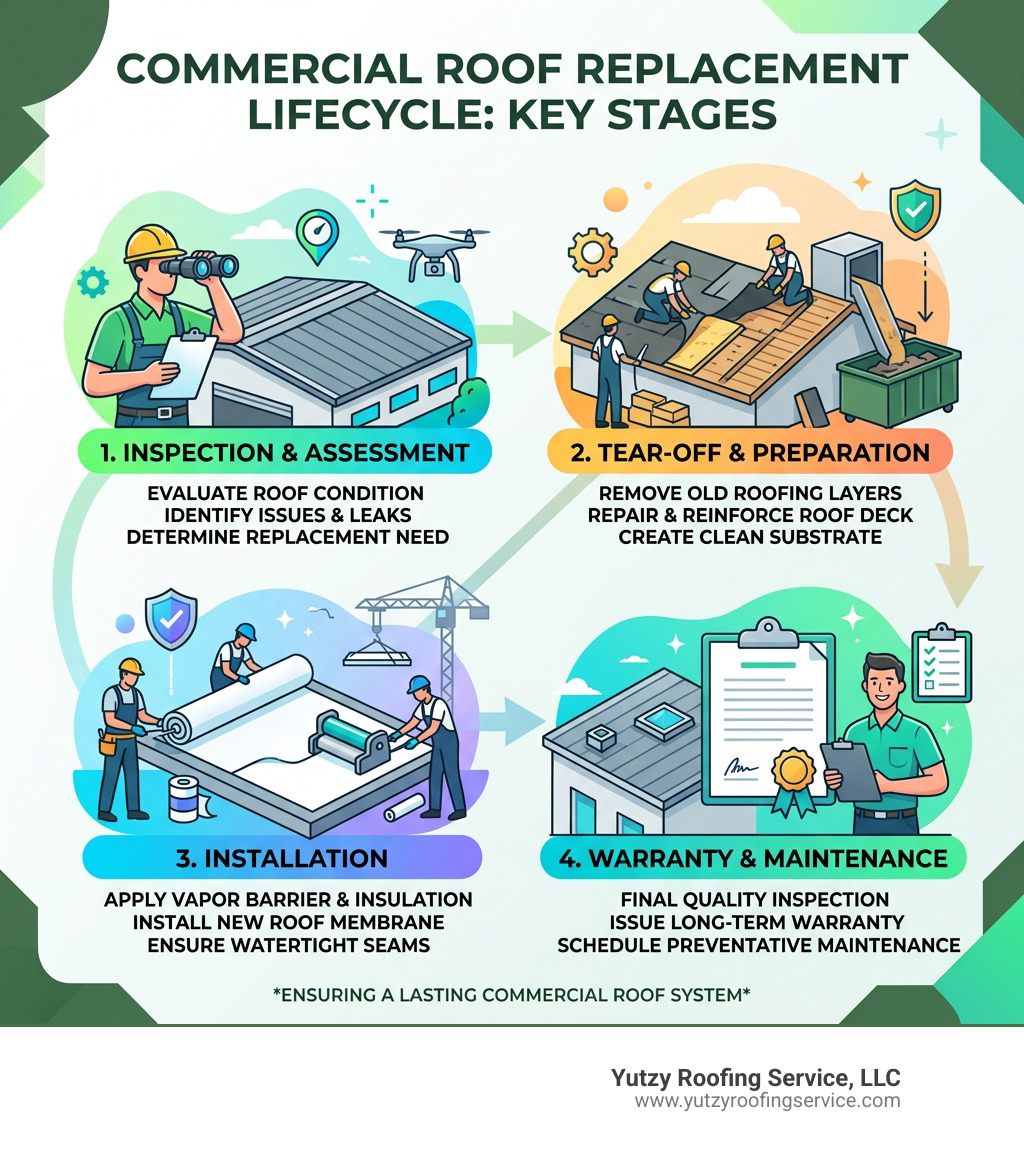 Commercial roof replacement lifecycle infographic: inspection, tear-off, installation, and warranty stages - commercial roof Commercial roof replacement lifecycle infographic: inspection, tear-off, installation, and warranty stages - commercial roof