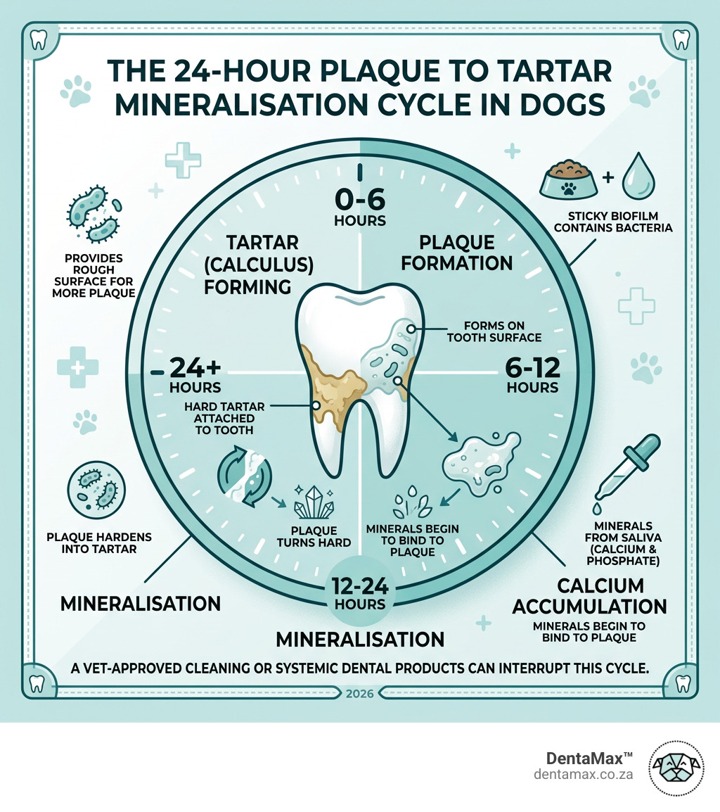 Infographic showing the 24-hour plaque to tartar mineralisation cycle in dogs - dog bad teeth infographic 