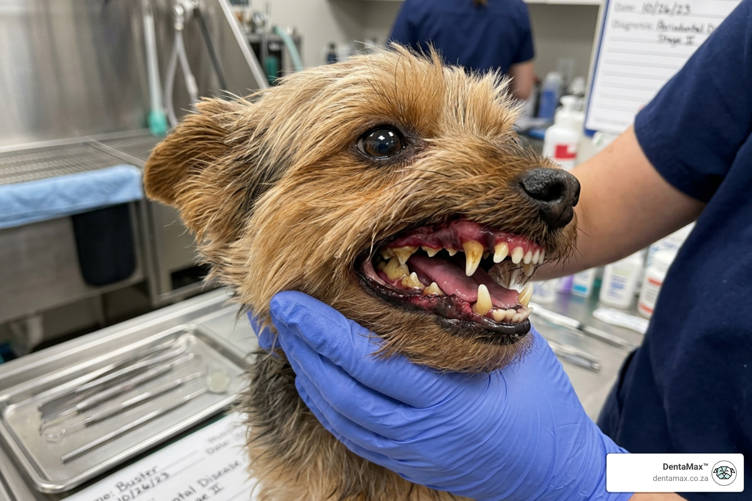 Small breed dog with inflamed red gum lines and visible tartar - dog bad teeth