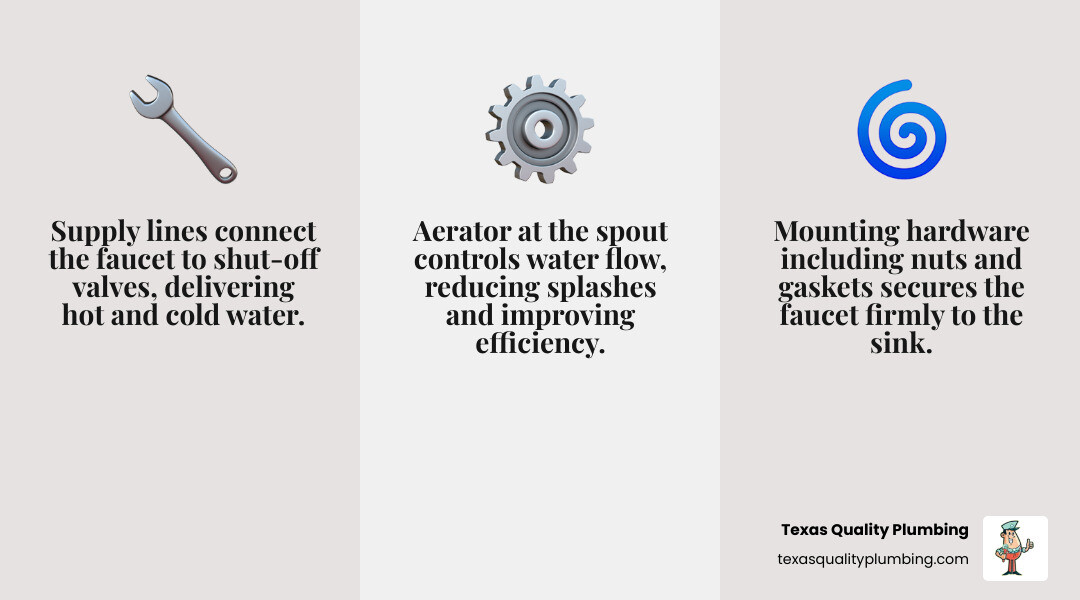 Infographic showing kitchen faucet system components: supply lines, shut-off valves, mounting hardware, aerator - kitchen Infographic showing kitchen faucet system components: supply lines, shut-off valves, mounting hardware, aerator - kitchen