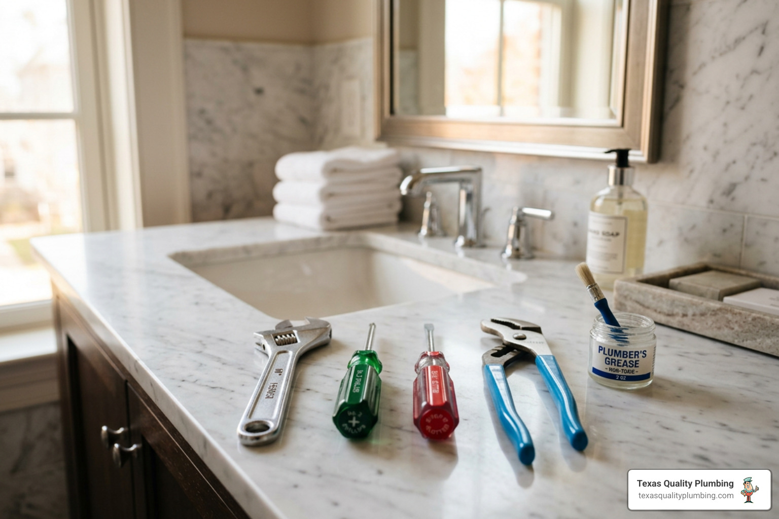 plumbing tool kit with wrench and screwdrivers on a marble countertop - faucet repair in bunker hill village tx plumbing tool kit with wrench and screwdrivers on a marble countertop - faucet repair in bunker hill village tx