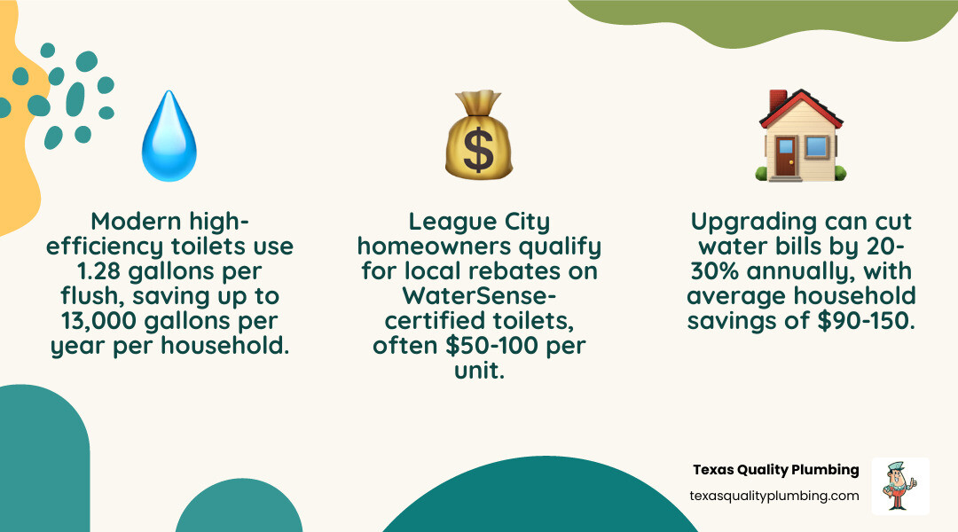 Infographic showing toilet installation steps, water savings stats, and rebate eligibility for League City TX homeowners Infographic showing toilet installation steps, water savings stats, and rebate eligibility for League City TX homeowners