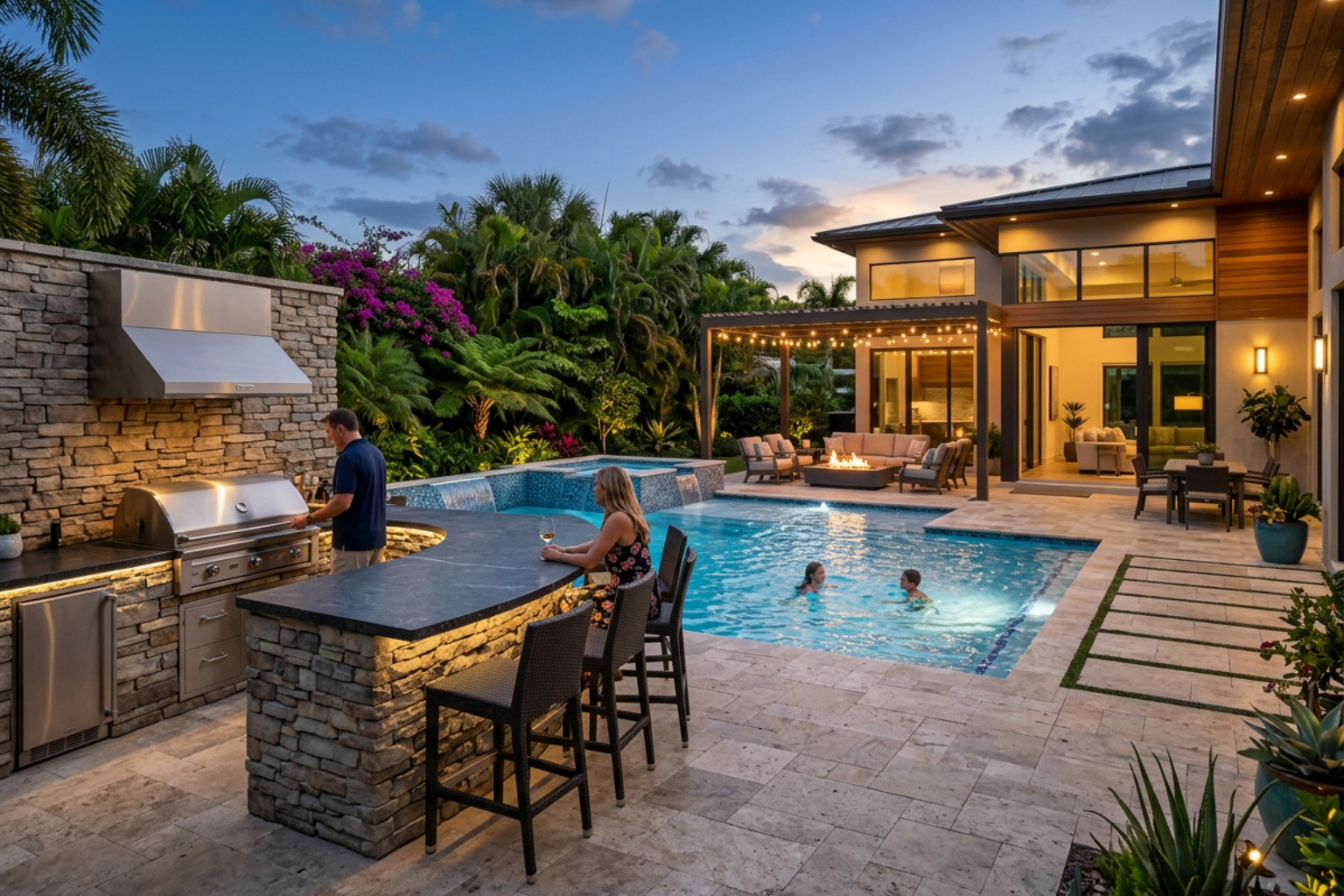 Outdoor kitchen integrated with a custom pool and patio area - custom backyard pool designs