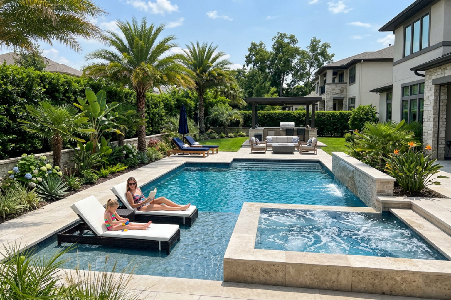 Luxury pool featuring a large sun shelf and integrated spa - custom backyard pool designs