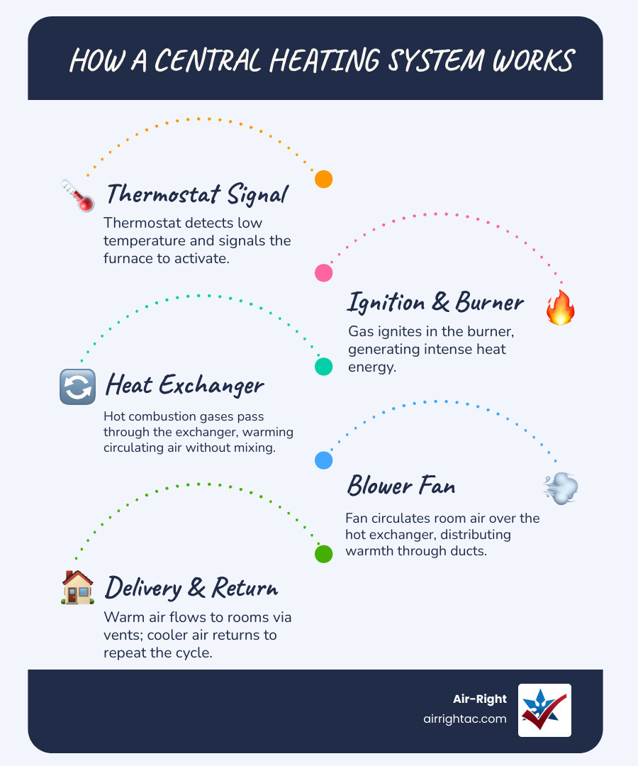 infographic showing how a home central heating system works step by step - home heating service in boulder city, nv