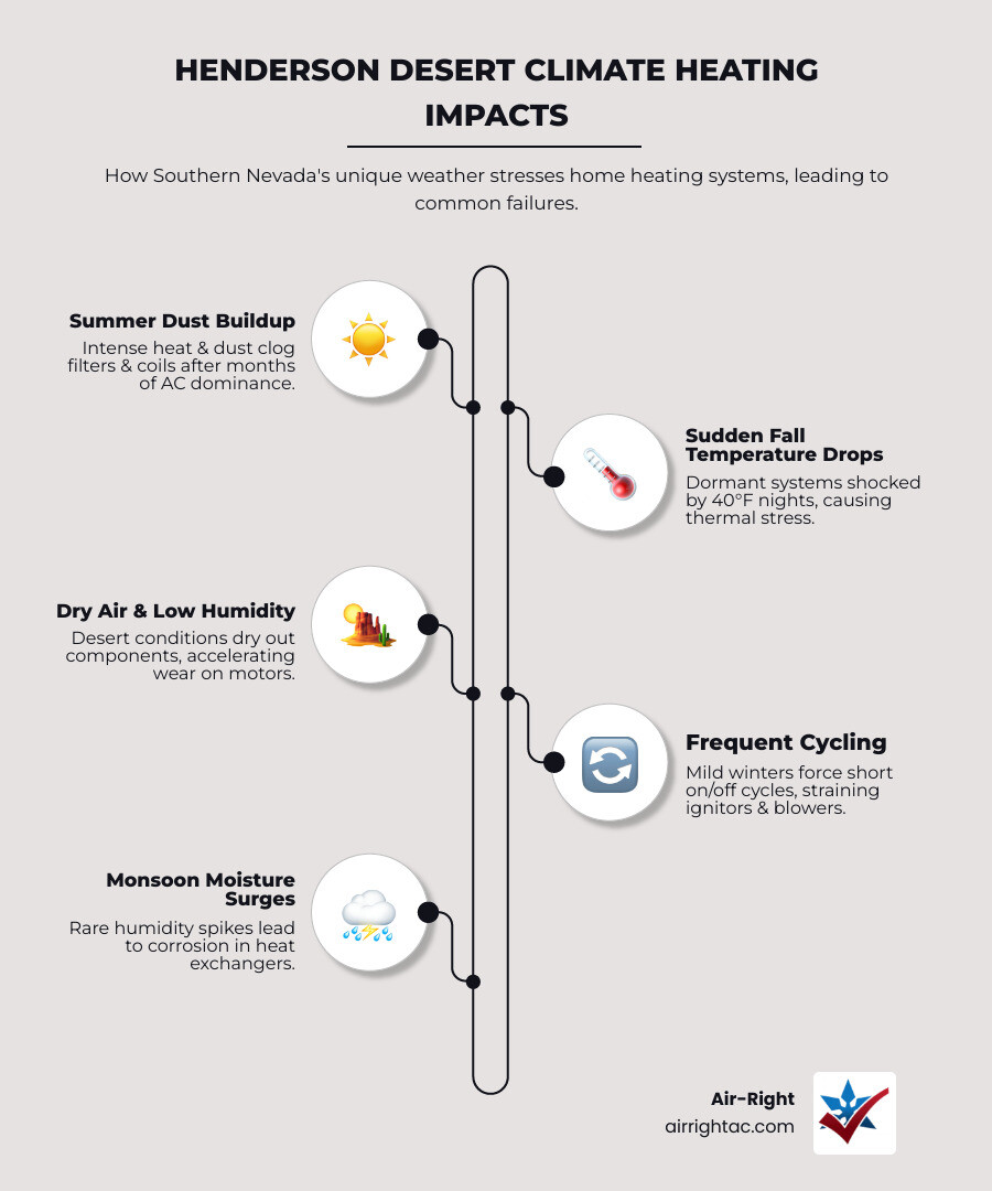 Infographic showing how Henderson desert climate affects heating systems, common failure points, and when to call for repair