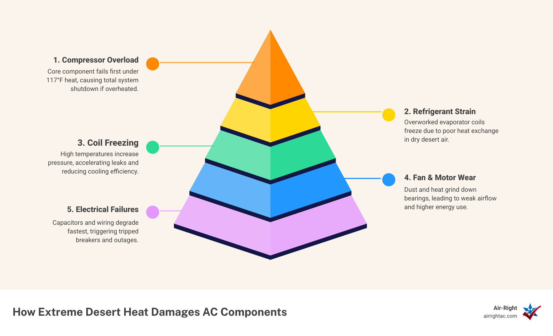 Infographic showing how extreme desert heat affects AC components and what Boulder City homeowners should do - ac repair in
