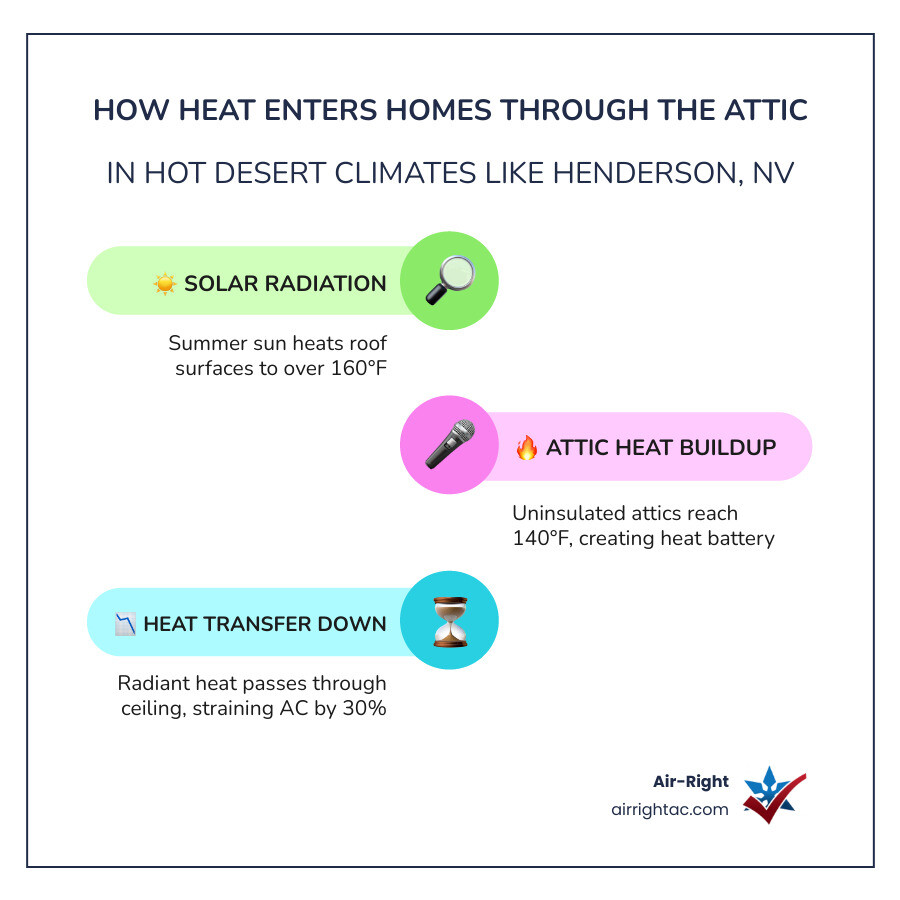 Infographic showing how heat enters a home through the attic in a hot desert climate with R-value recommendations - attic Infographic showing how heat enters a home through the attic in a hot desert climate with R-value recommendations - attic