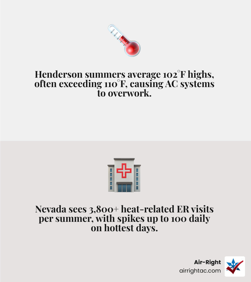 Infographic showing how extreme desert heat impacts AC systems, repair frequency, and homeowner health risks in Henderson