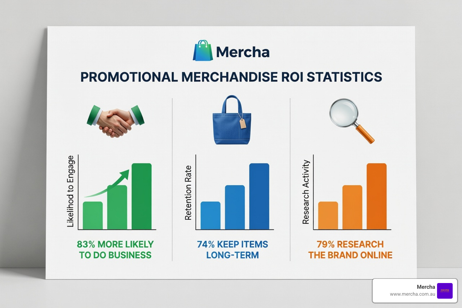 Infographic showing ROI stats for fun promotional merch: 83% more likely to do business, 74% keep items, 79% research the Infographic showing ROI stats for fun promotional merch: 83% more likely to do business, 74% keep items, 79% research the