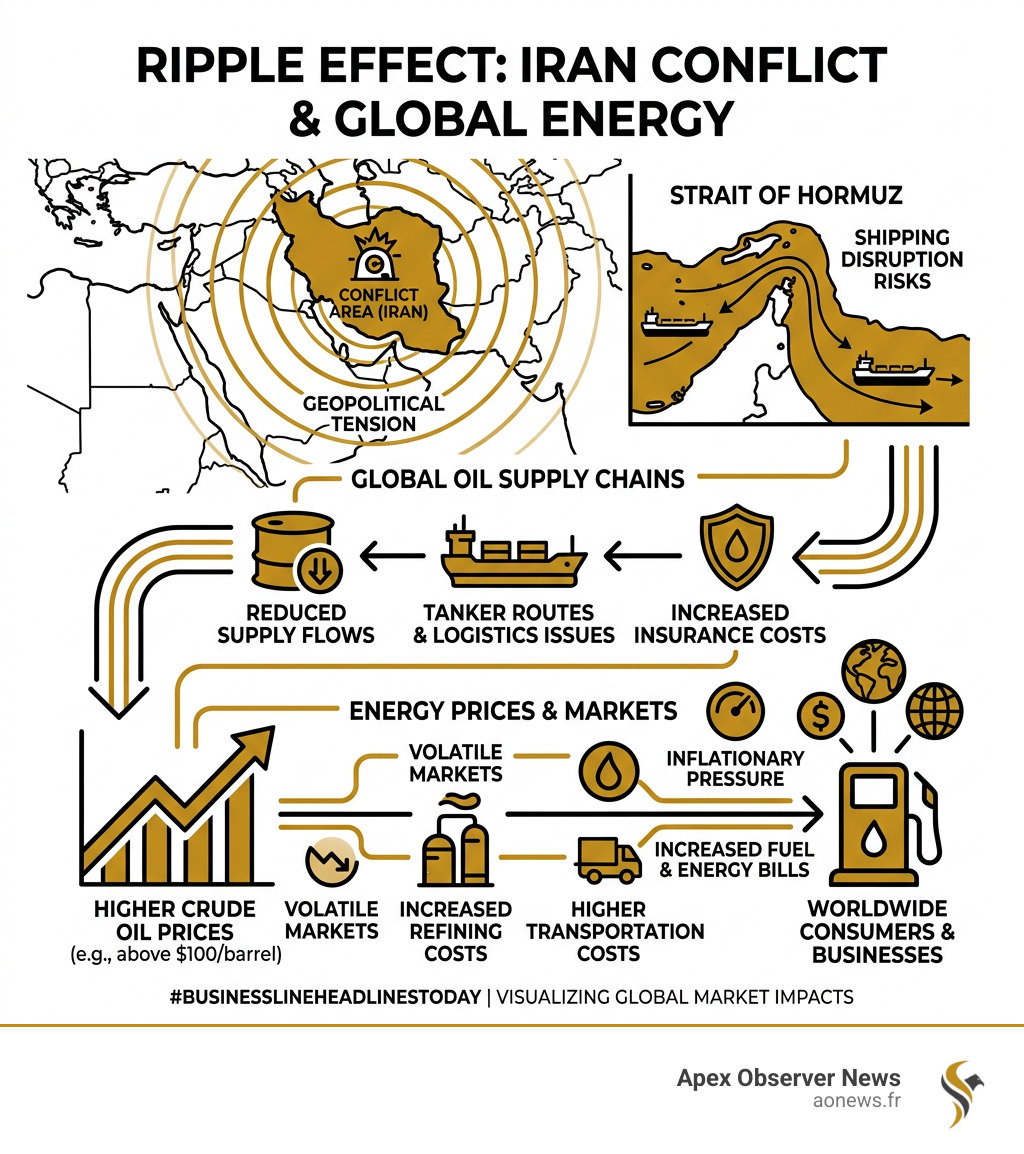 Infographic showing ripple effect of Iran conflict on global oil supply chains and energy prices - business line headlines