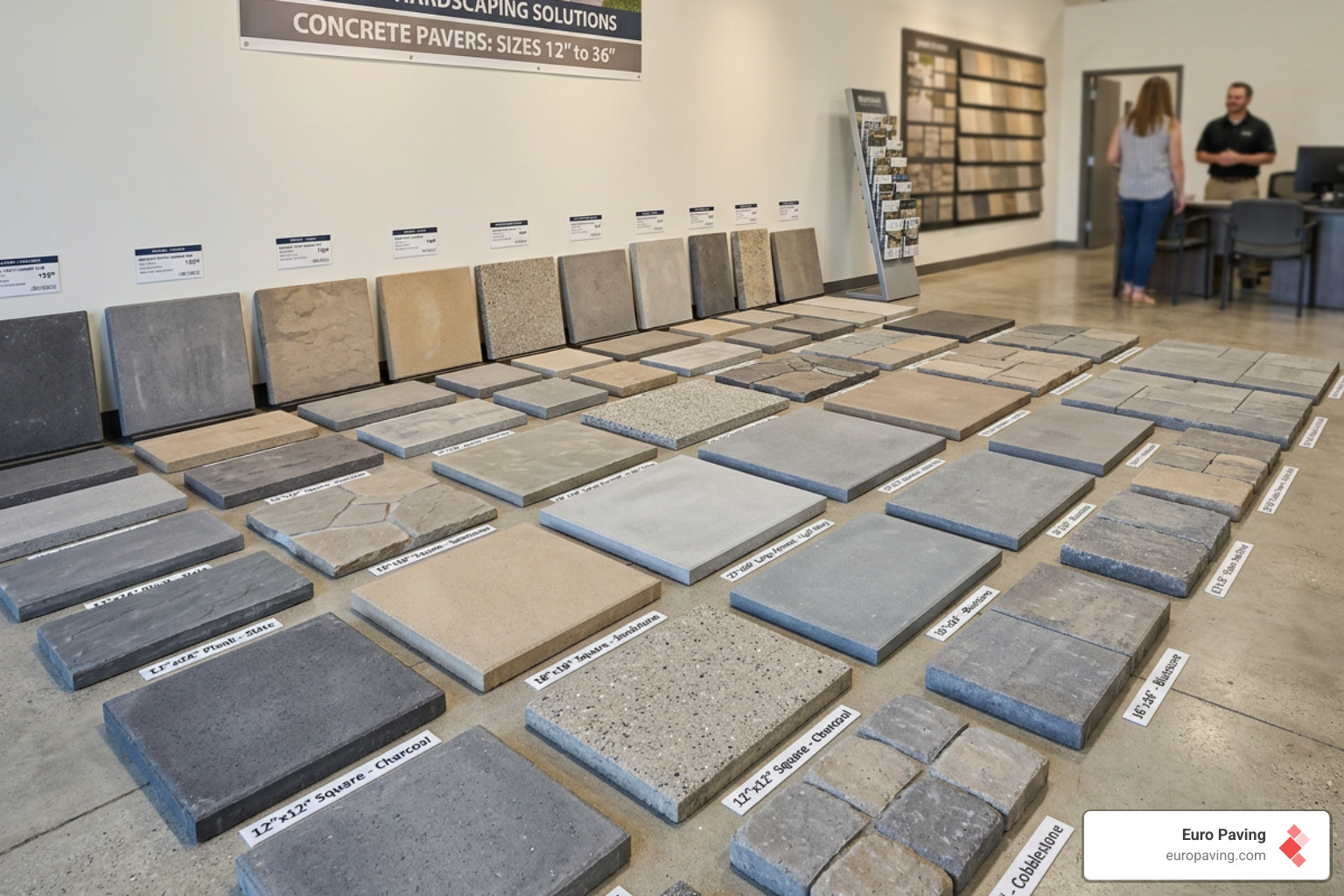 A display of various paver dimensions side-by-side from 12x12 to 36x36 slabs - large walkway pavers