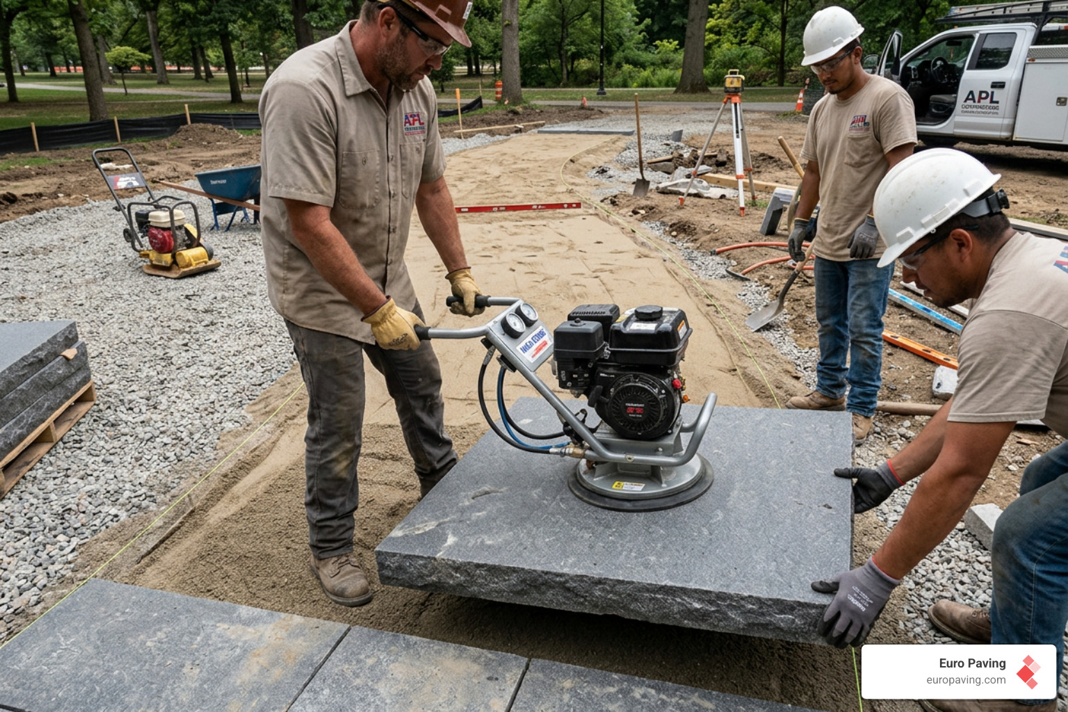 Contractors using a vacuum lifter to precisely set a 36-inch granite paver - large walkway pavers