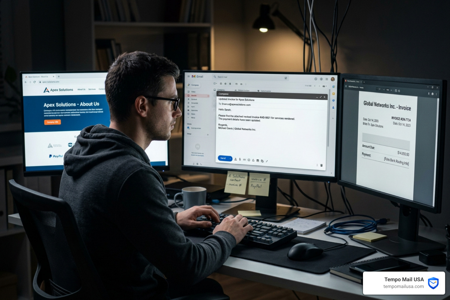 A cybercriminal impersonating a trusted vendor to send a fraudulent invoice - Fake invoice email scam business