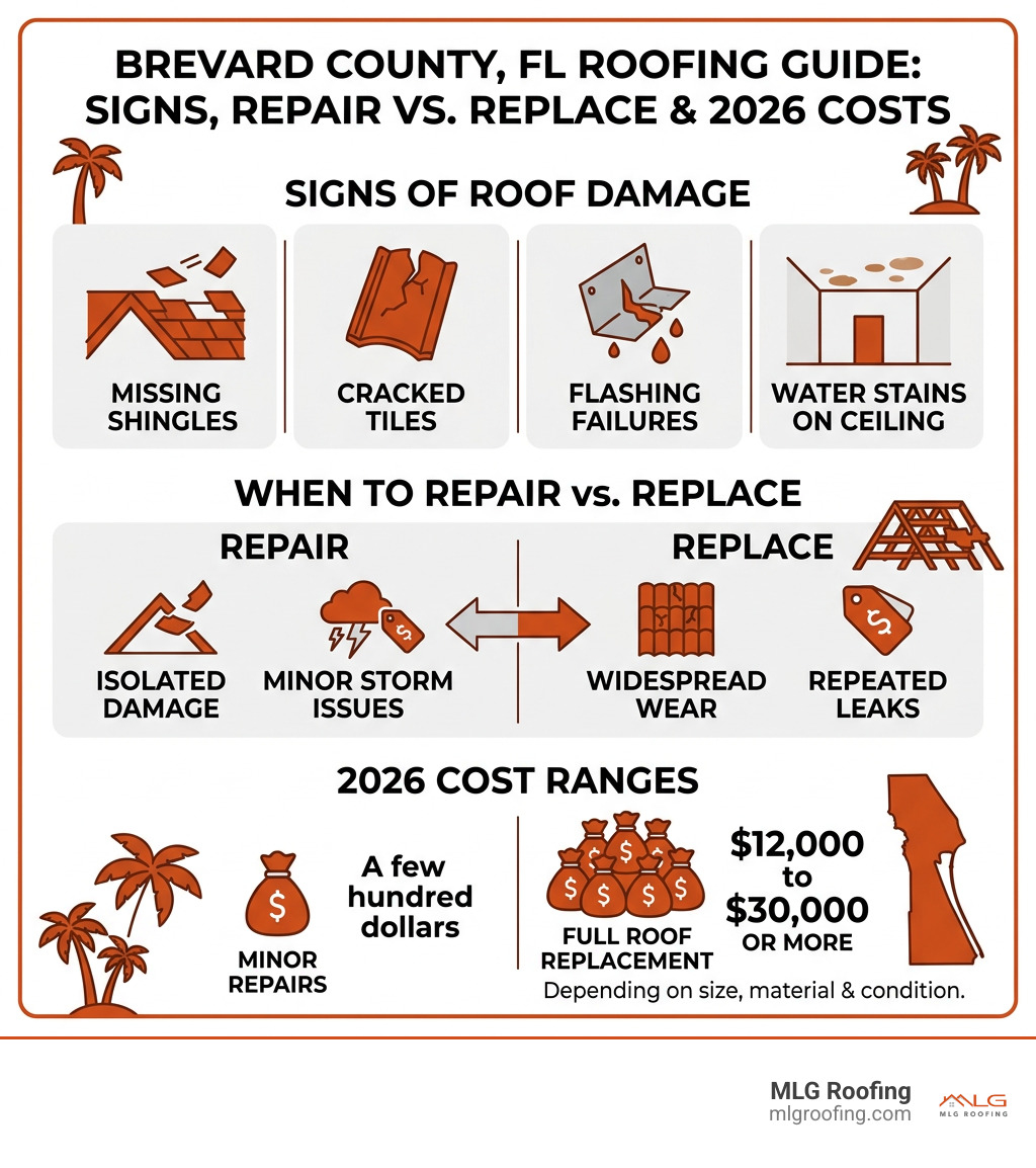 Infographic showing signs of roof damage, when to repair vs replace, and 2026 cost ranges in Brevard County FL - Roof Repair