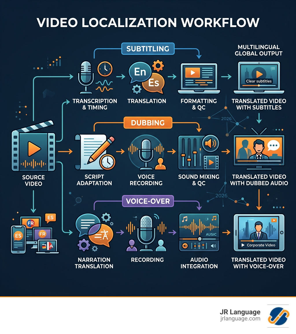 Infographic showing the video localization workflow from source video to translated output across subtitling, dubbing, and Infographic showing the video localization workflow from source video to translated output across subtitling, dubbing, and
