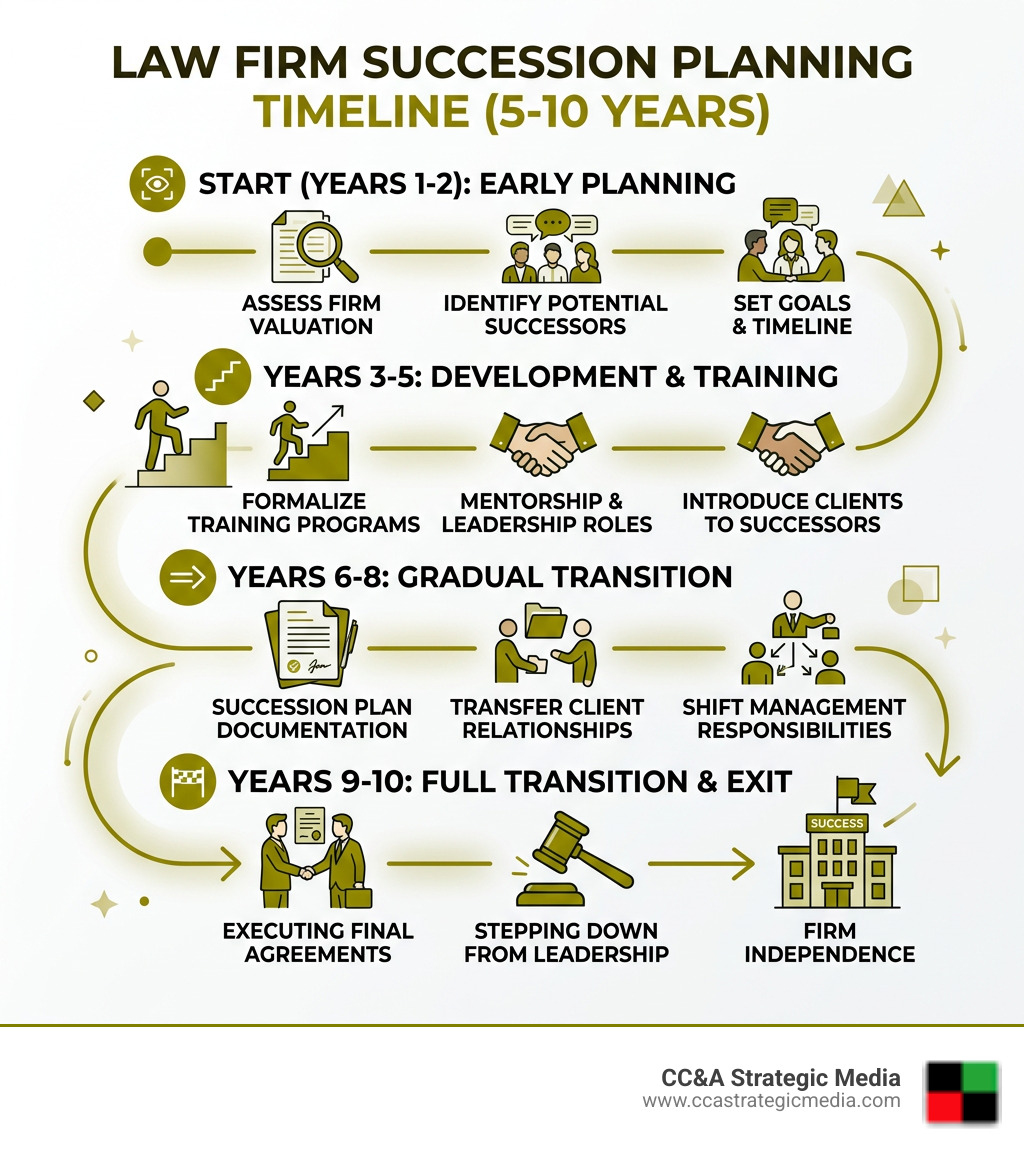 5-10 year law firm succession planning timeline with key milestones from early planning to full transition - law firm 5-10 year law firm succession planning timeline with key milestones from early planning to full transition - law firm