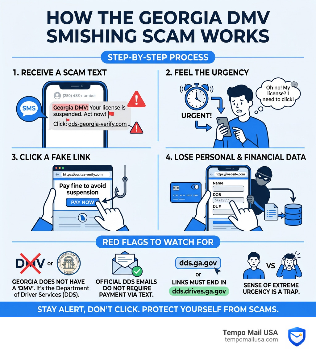 Infographic showing how Georgia DMV smishing scam works step by step - Georgia DMV scam text infographic Infographic showing how Georgia DMV smishing scam works step by step - Georgia DMV scam text infographic
