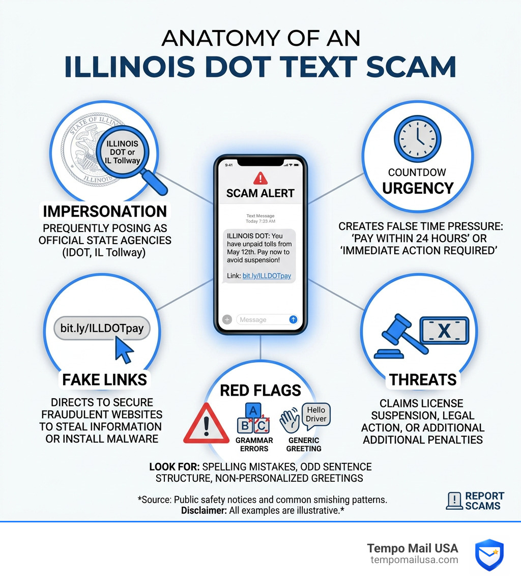 Anatomy of an Illinois DOT text scam infographic showing red flags urgency threats fake links and impersonation - Illinois Anatomy of an Illinois DOT text scam infographic showing red flags urgency threats fake links and impersonation - Illinois