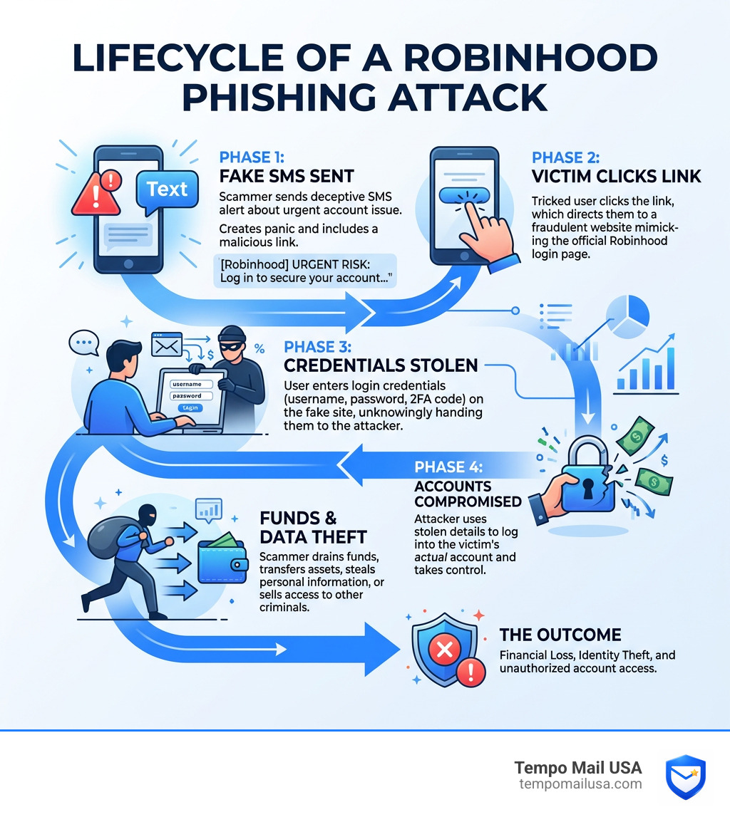 Lifecycle of a Robinhood phishing attack from fake SMS to account takeover - Robinhood text message scam infographic 