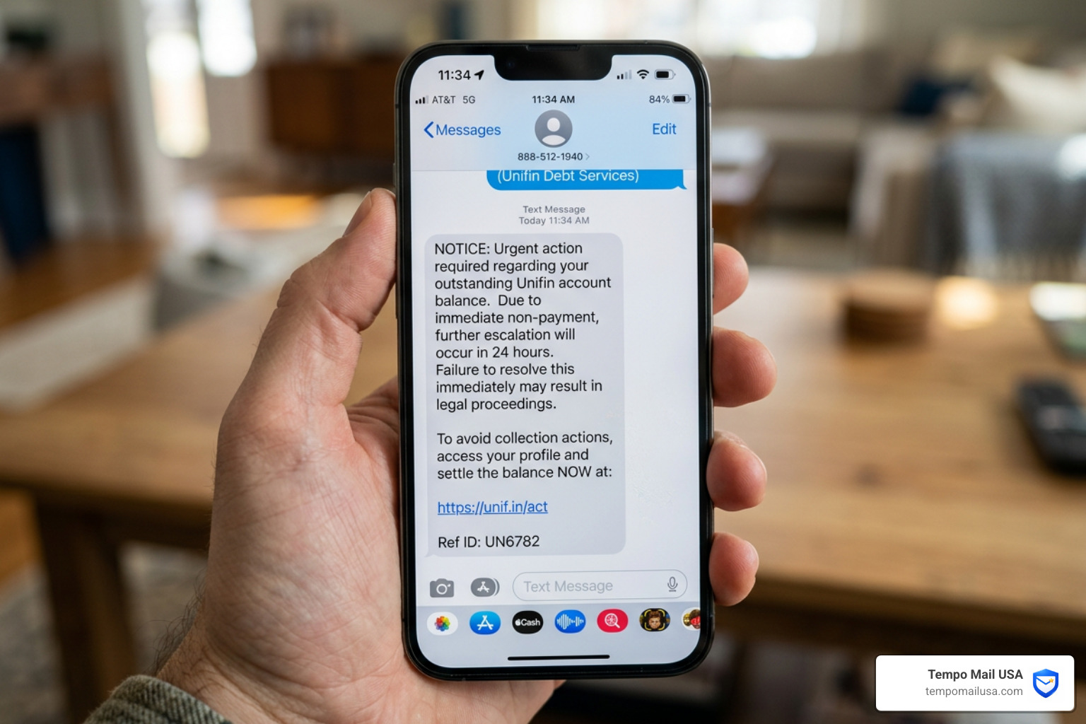 Suspicious URL in a text message showing a fake domain name meant to trick users - Unifin text scam Suspicious URL in a text message showing a fake domain name meant to trick users - Unifin text scam