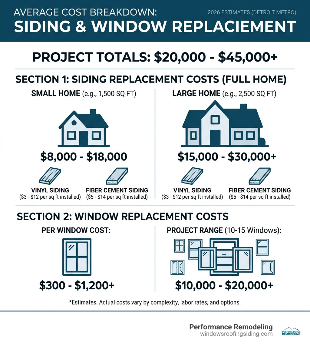 Infographic showing average cost breakdown for siding and window replacement by material type and home size - cost to