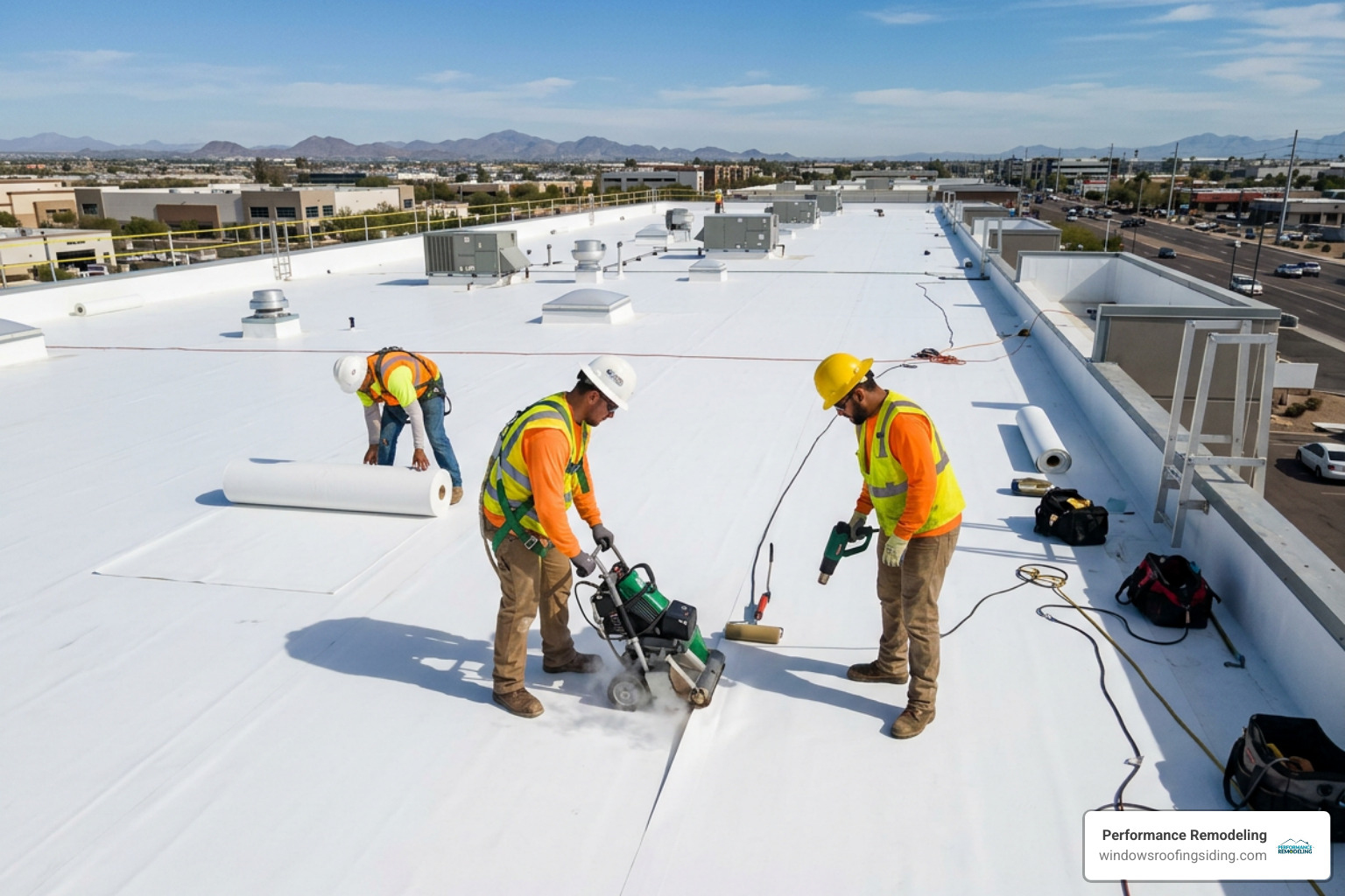 Commercial TPO roof installation in progress - farmington mi roofing experts