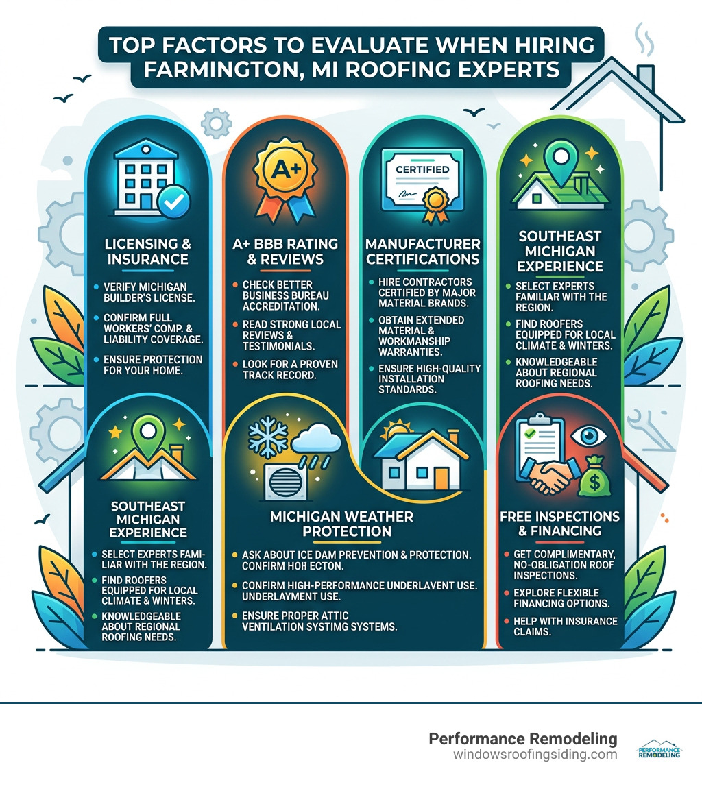 Top factors to evaluate when hiring Farmington MI roofing experts infographic - farmington mi roofing experts infographic 