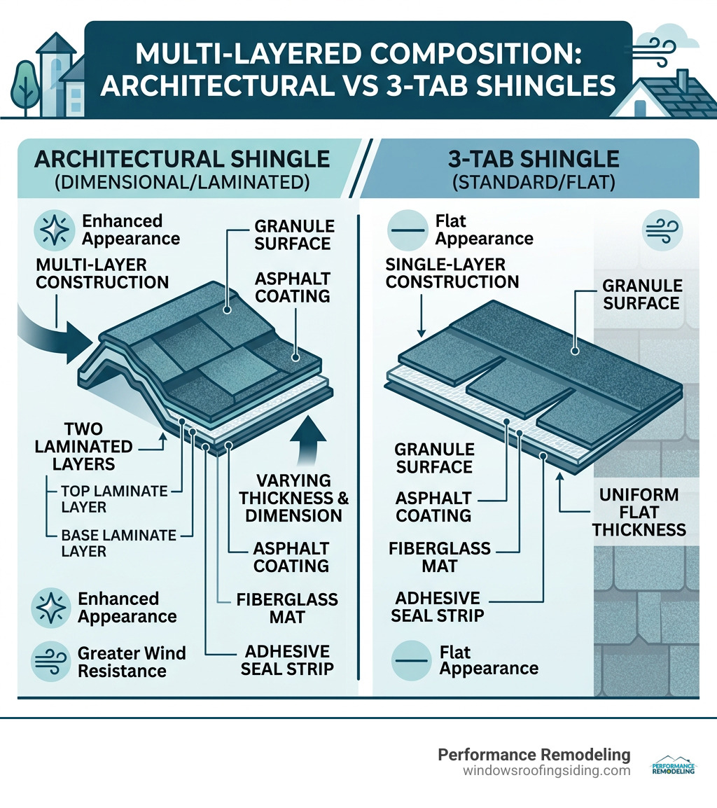 Multi-layered composition of architectural vs 3-tab shingles infographic - architectural shingle roof infographic 
