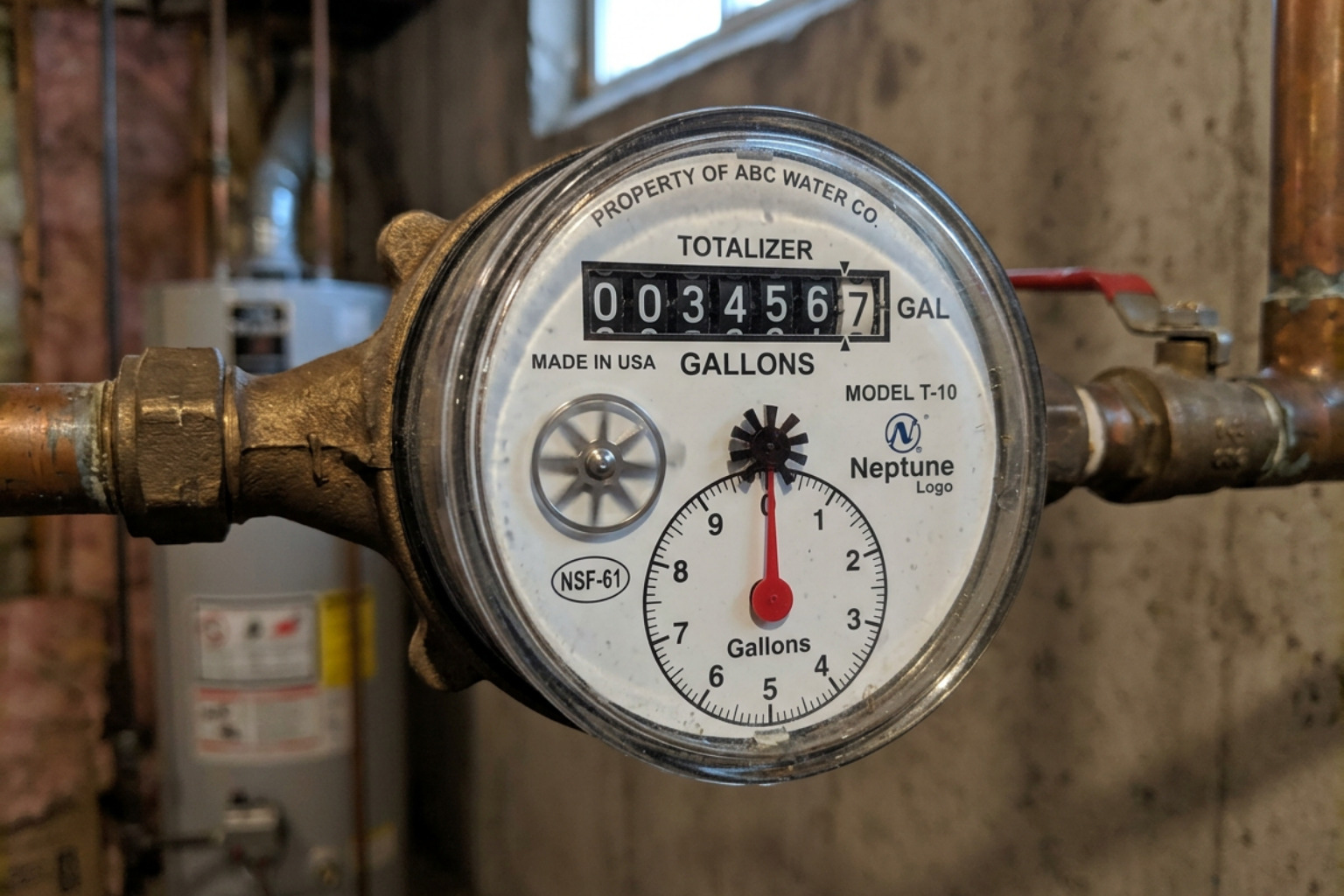 water meter dial showing leak indicator - detect water leak under floor