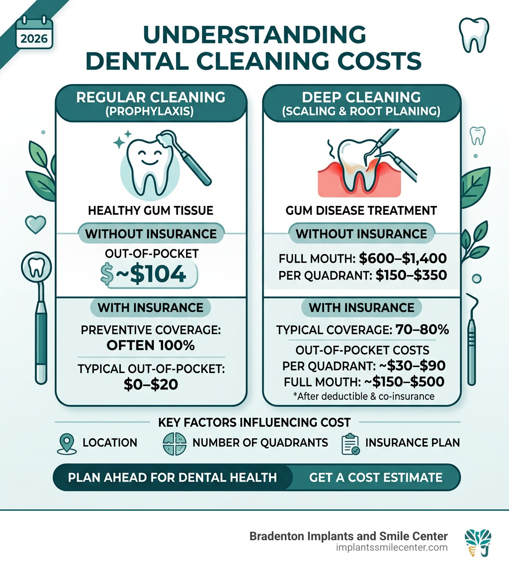 Infographic comparing regular prophylaxis cleaning vs. deep cleaning costs with and without insurance - periodontal cleaning