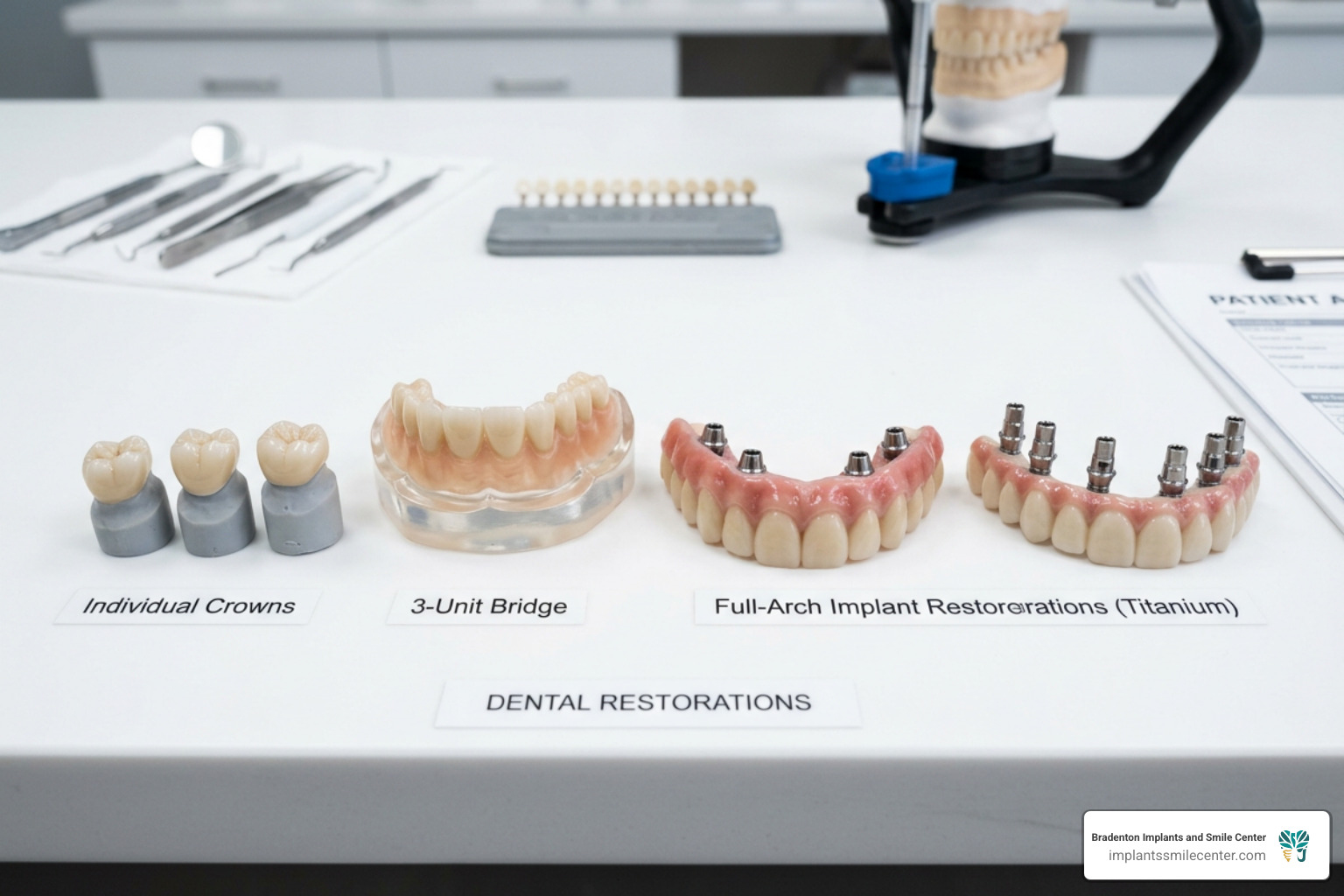 Various dental prosthetic options including crowns, bridges, and full arch restorations - adult tooth replacement Bradenton