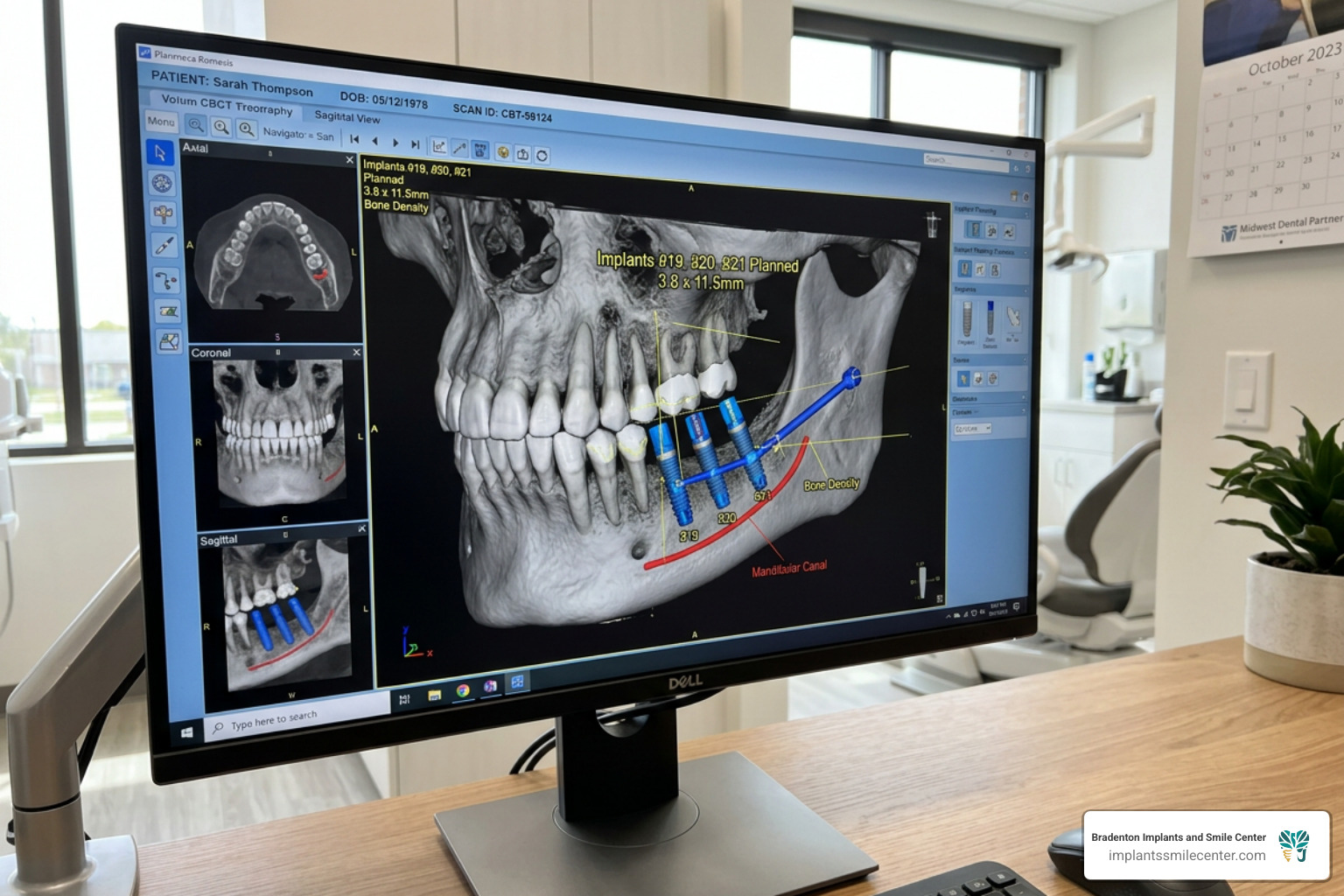 3D Cone Beam CT scan showing the jawbone and planned implant placement - affordable permanent teeth