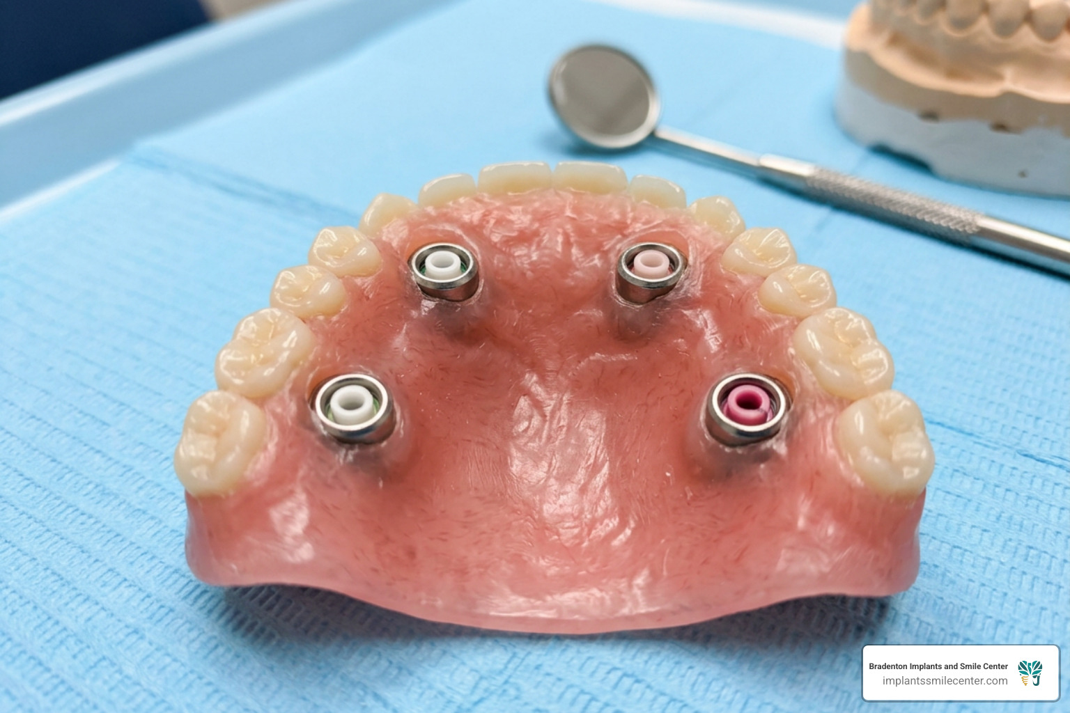 The underside of a denture showing locator attachments and metal housings - what are snap on dentures