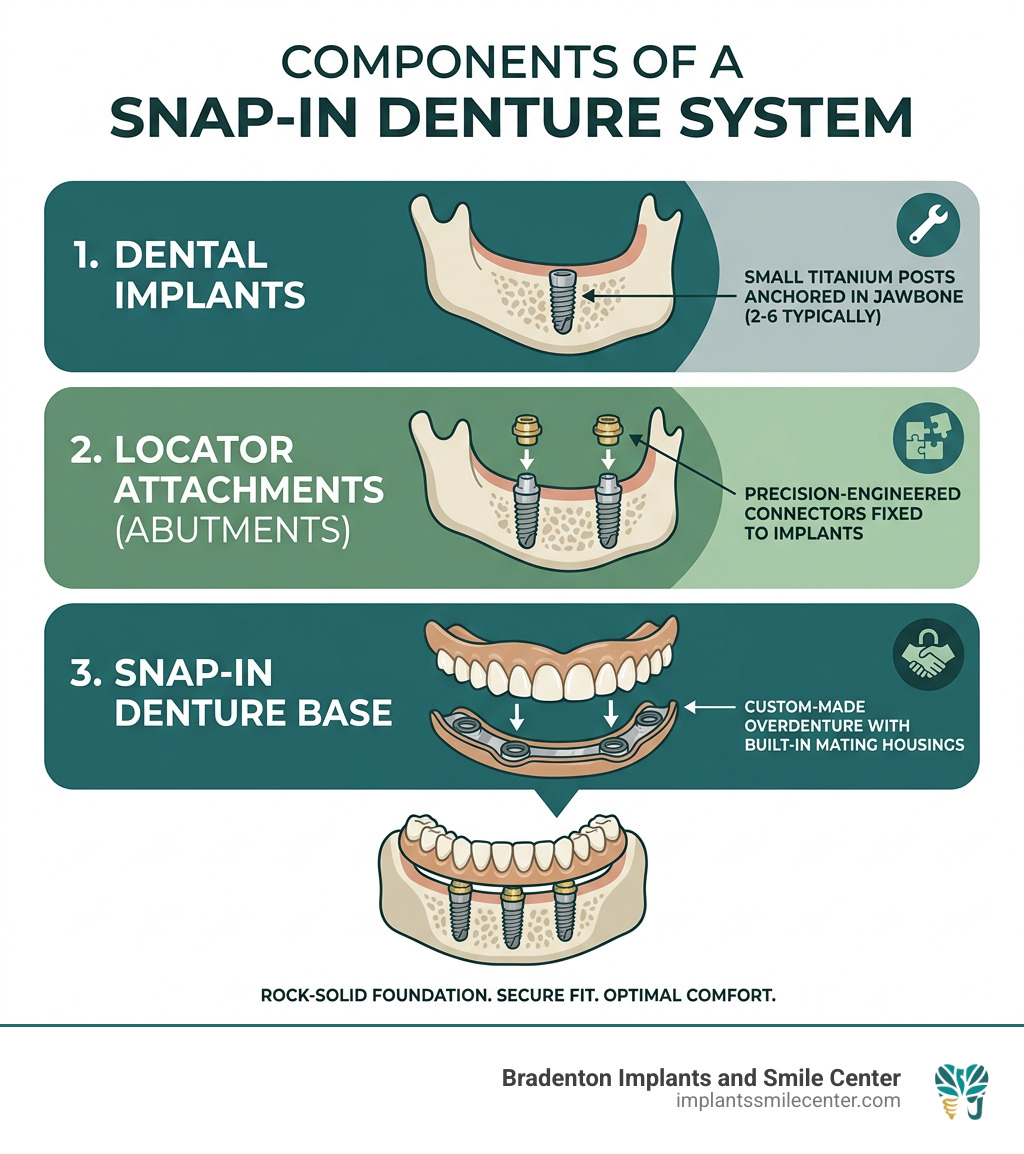 Infographic showing components of a snap-in denture system including implants, locators, and denture base - what are snap on
