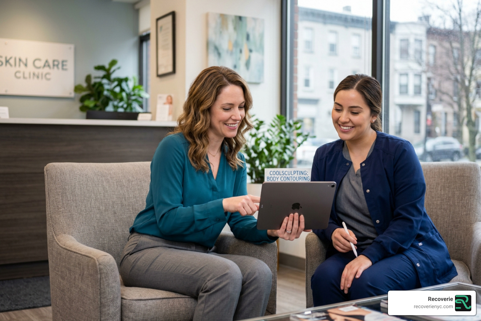 Patient relaxing during a CoolSculpting session with an applicator attached to the abdomen - coolsculpting near me Patient relaxing during a CoolSculpting session with an applicator attached to the abdomen - coolsculpting near me