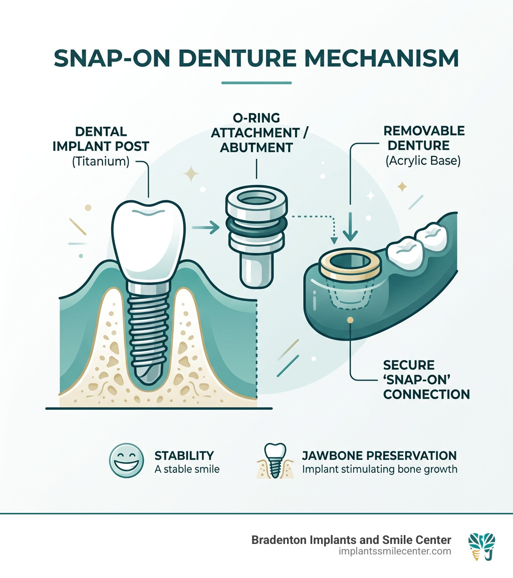 Snap-on dentures mechanism infographic showing implant post, O-ring attachment, and removable denture - snap on dentures