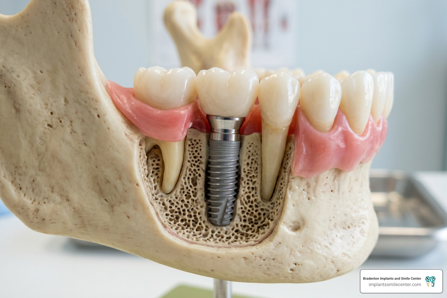Dental implant model showing titanium post in jawbone - snap on dentures Florida