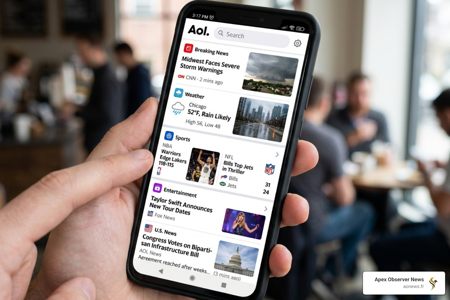 A diverse news feed showing various categories - aol news weather entertainment sports