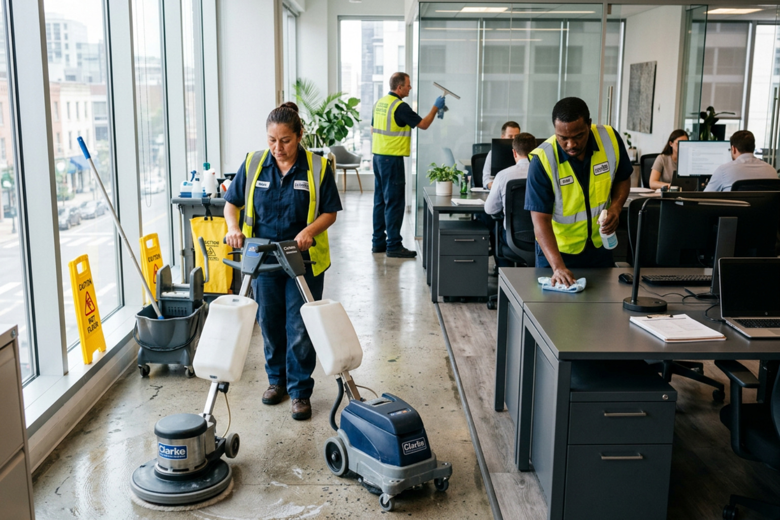 professional cleaning crew executing a comprehensive scope of work in a commercial building - full service janitorial