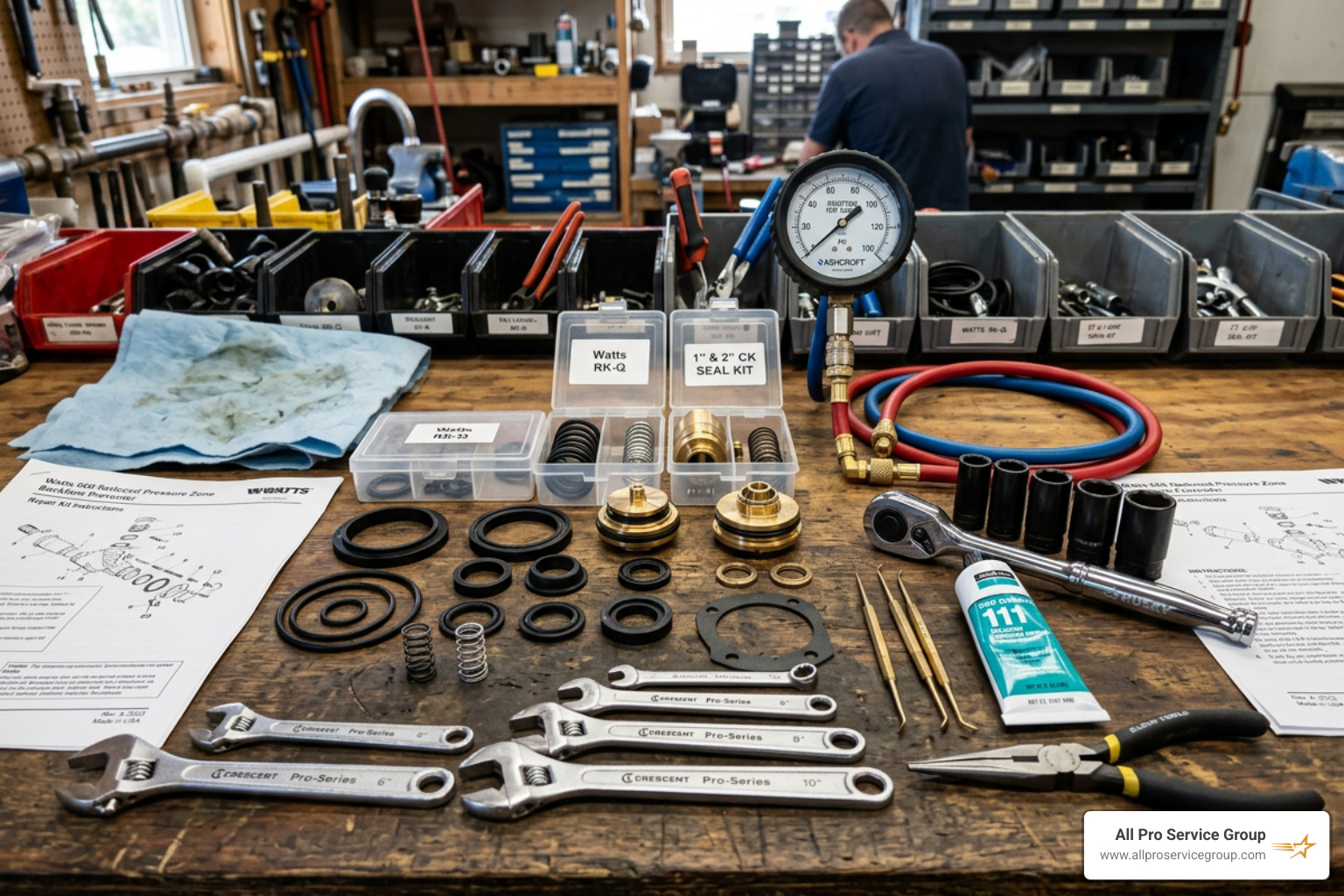 A professional backflow repair kit with seals, springs, and specialized tools - backflow inspection companies