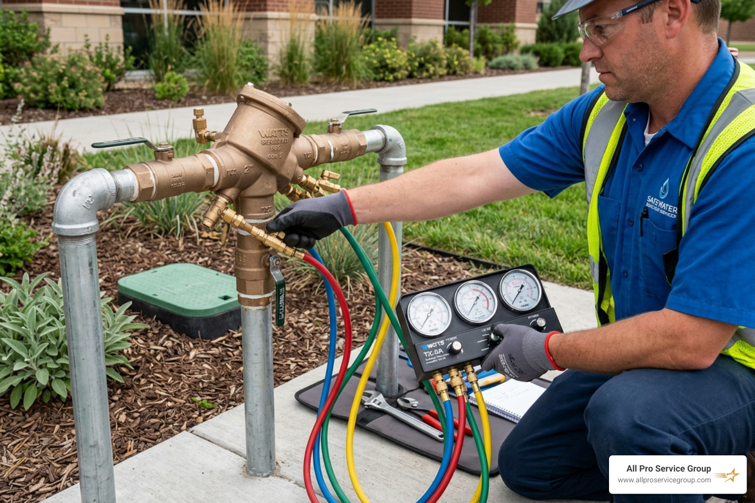 Technician using a calibrated testing kit to check water pressure differentials - backflow inspection companies