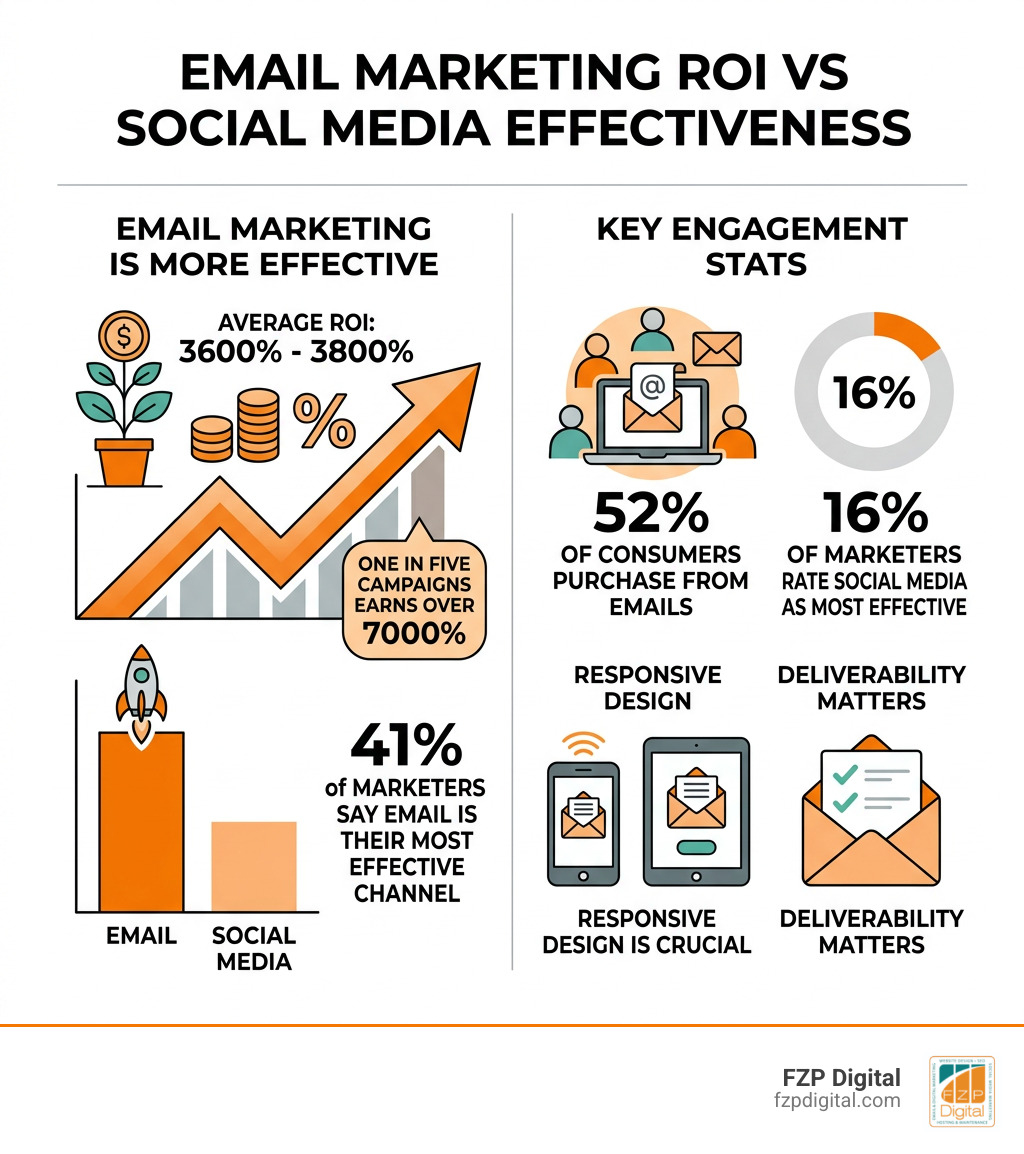 Email marketing ROI vs social media effectiveness and key engagement stats infographic - best email marketing for small Email marketing ROI vs social media effectiveness and key engagement stats infographic - best email marketing for small