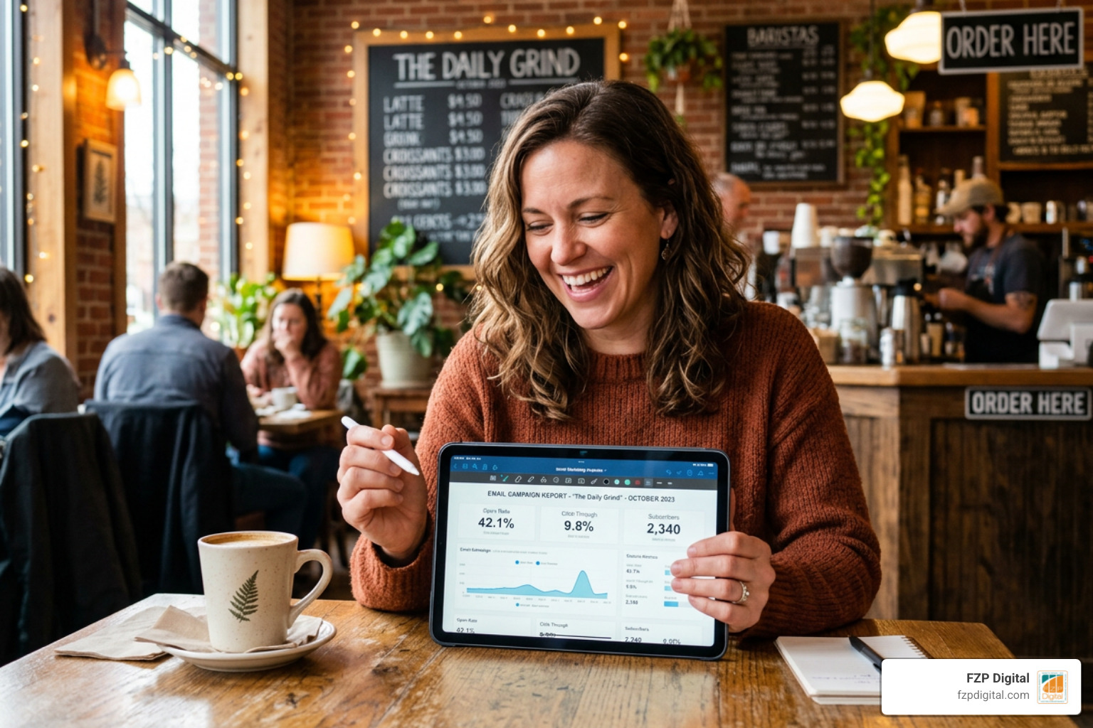 A cheerful small business owner reviewing email analytics on a tablet in a cozy cafe - best email marketing for small A cheerful small business owner reviewing email analytics on a tablet in a cozy cafe - best email marketing for small