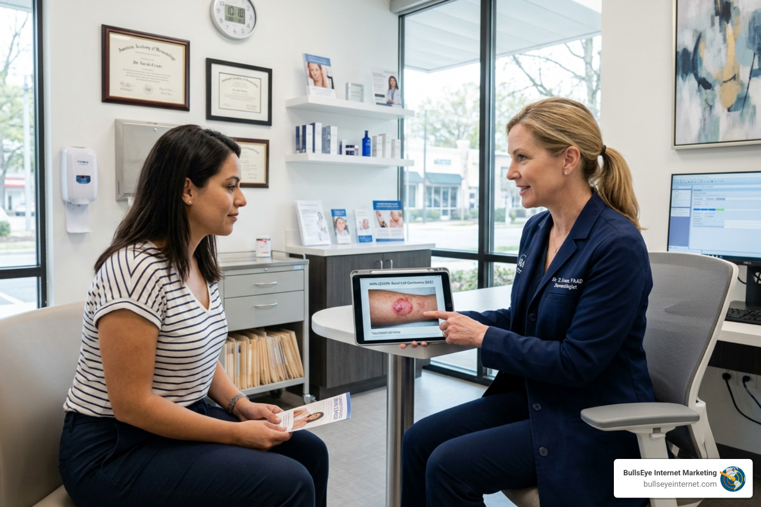 Dermatologist consulting with a patient in a modern office - Dermatology advertising experts Dermatologist consulting with a patient in a medical office, discussing skin treatment options using a tablet displaying a skin condition, emphasizing specialized dermatology care and patient education.