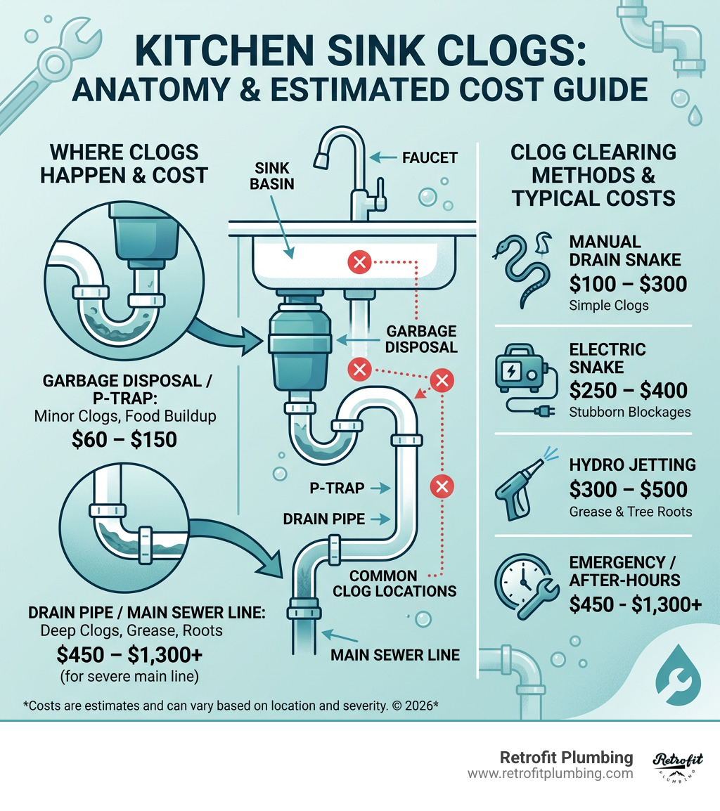 Infographic showing kitchen sink anatomy, common clog locations, and cost ranges by method and location - cost to unclog Infographic showing kitchen sink anatomy, common clog locations, and cost ranges by method and location - cost to unclog