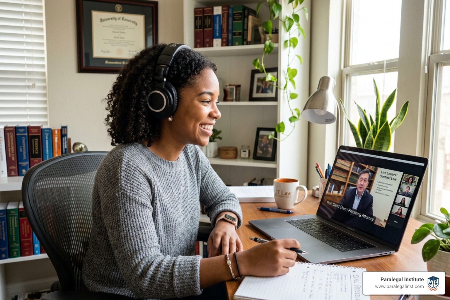 Student engaged in a live online lecture with a practicing attorney instructor - criminal law paralegal certificate