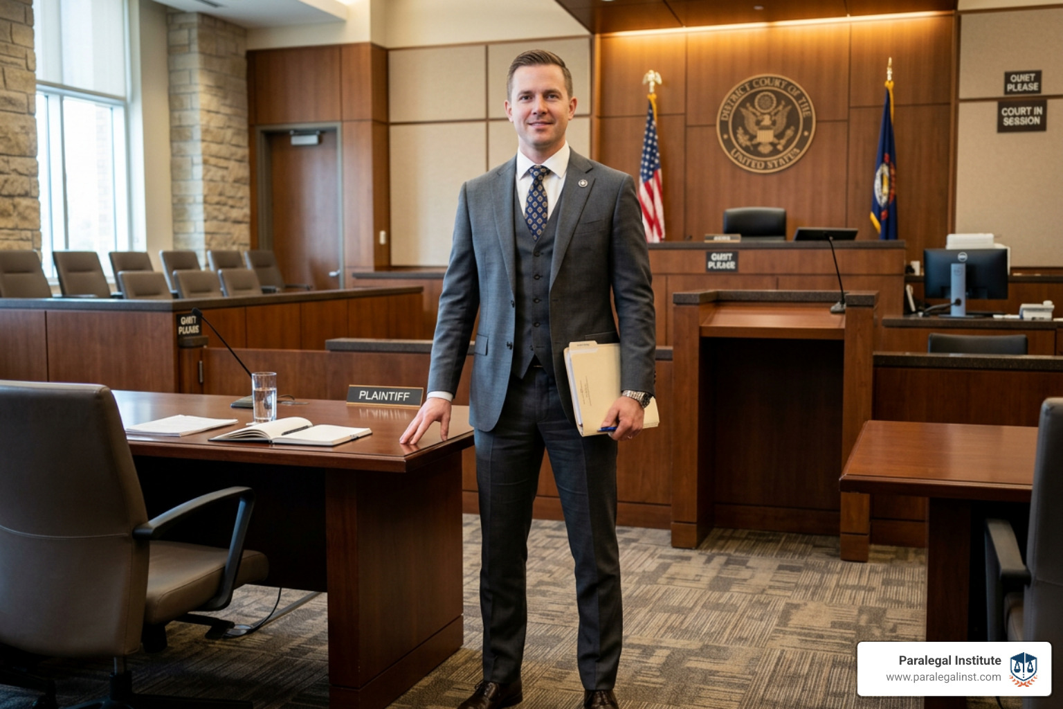 Legal professional standing confidently in a modern courtroom setting - criminal law paralegal certificate