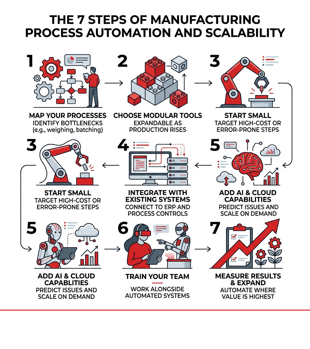 Infographic showing the 7 steps of manufacturing process automation and scalability Infographic showing the 7 steps of manufacturing process automation and scalability